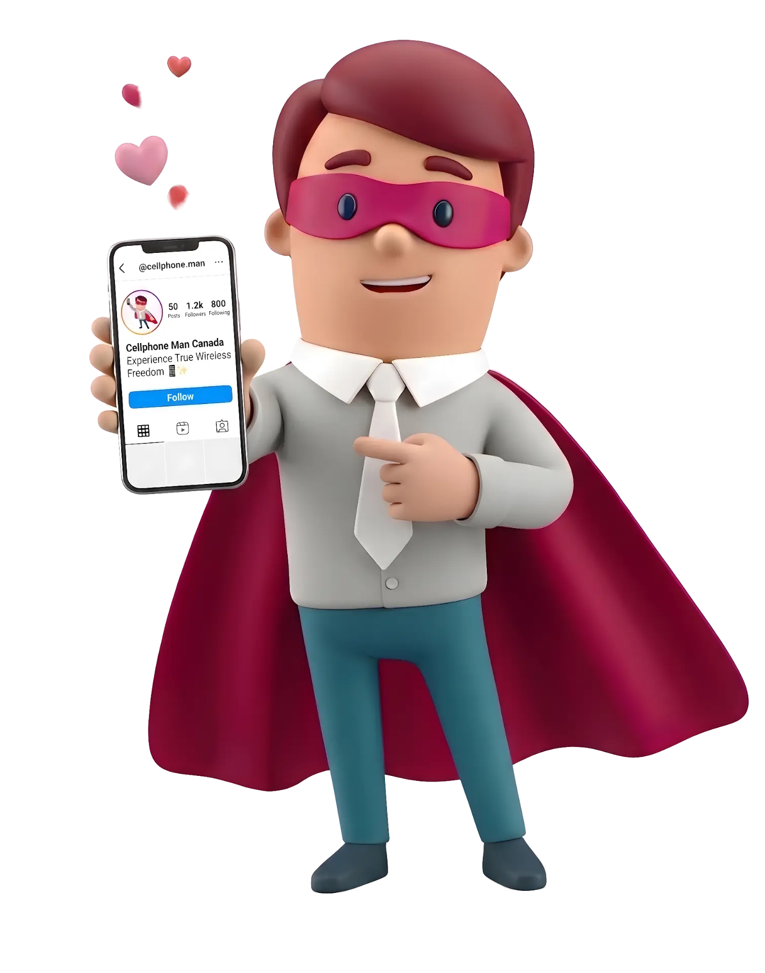 Cellphone Man mascot holding a phone showing the Instagram profile